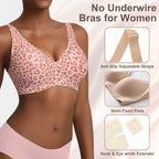 Soutien-gorge sans couture à imprimé léopard rose sans armatures, bonnet plein, doux, fin, soutien moulé, respirant et joli, décolleté en V profond, soutien-gorge push-up plus