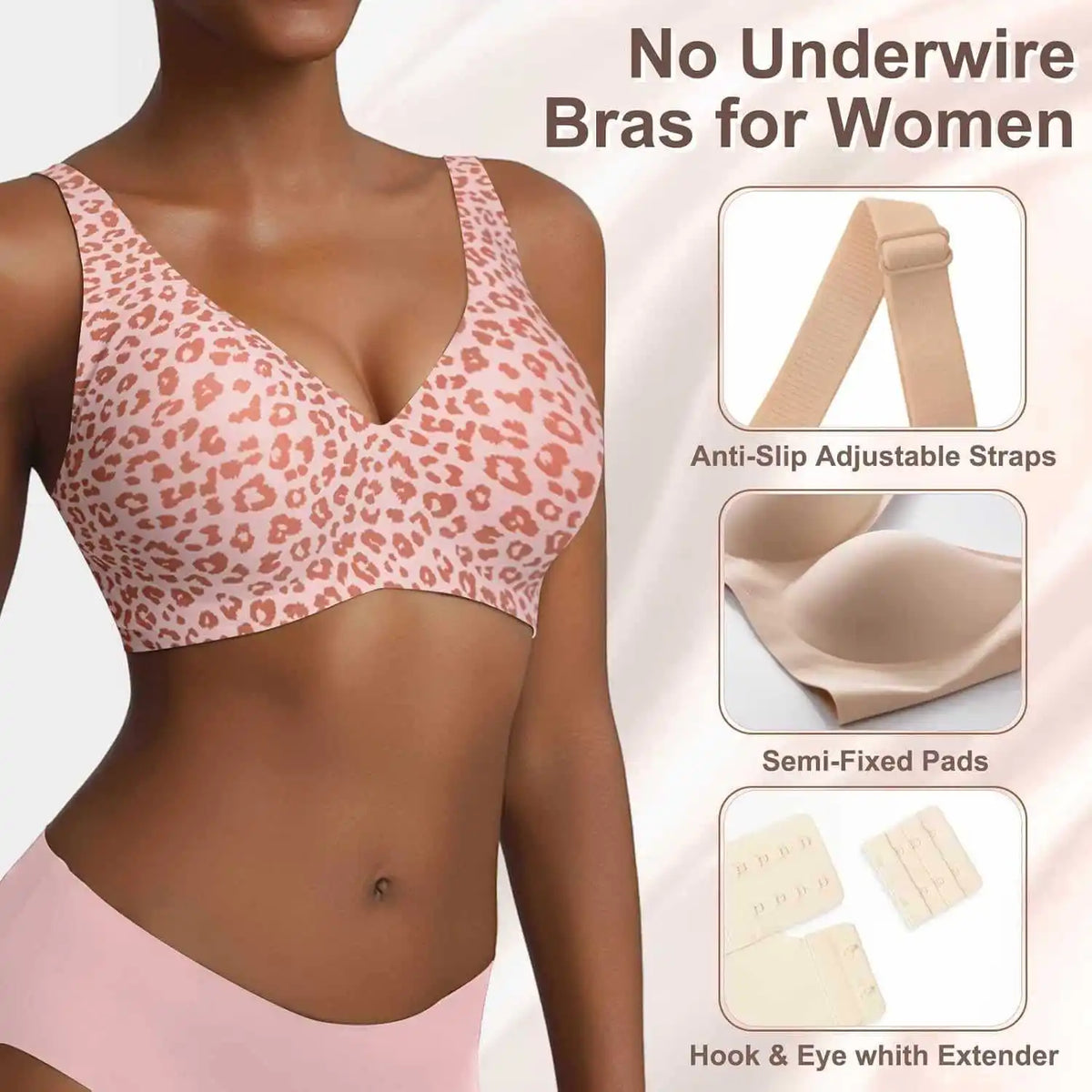 Soutien-gorge sans couture à imprimé léopard rose sans armatures, bonnet plein, doux, fin, soutien moulé, respirant et joli, décolleté en V profond, soutien-gorge push-up plus