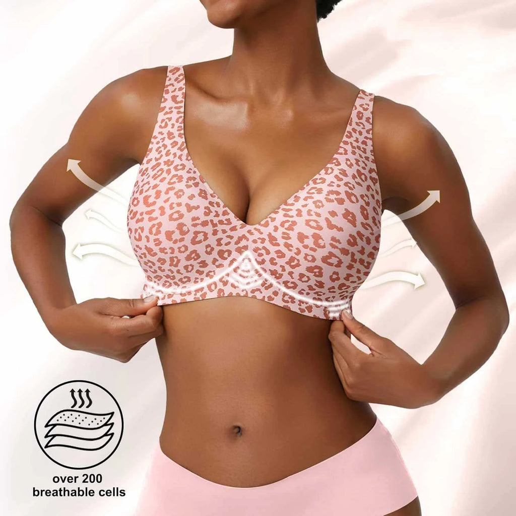 Soutien-gorge sans couture à imprimé léopard rose sans armatures, bonnet plein, doux, fin, soutien moulé, respirant et joli, décolleté en V profond, soutien-gorge push-up plus