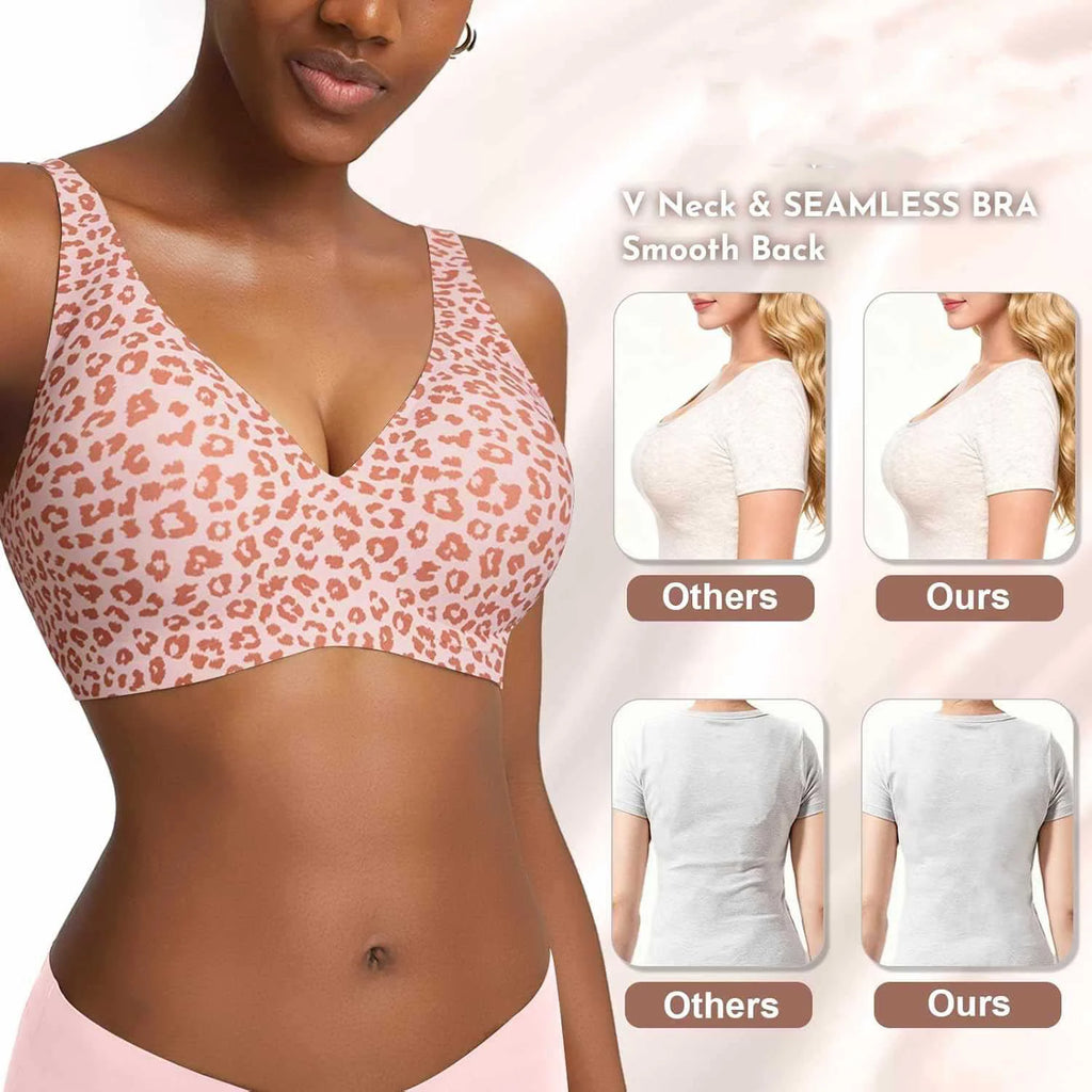 Soutien-gorge sans couture à imprimé léopard rose sans armatures, bonnet plein, doux, fin, soutien moulé, respirant et joli, décolleté en V profond, soutien-gorge push-up plus