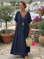 VIVIANI – Comfy V-Neck Casual Ruffle Boho Dress